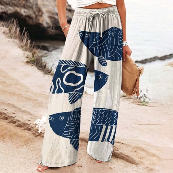 Blue Women's Casual Pants, Women'S Vintage Art Print Cotton And Linen Casual Pants Casual Wide Leg Trousers With Pockets,Women's Casual Pants L