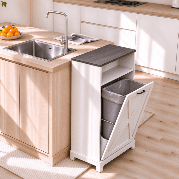 Bedsnus 13 Gallon Tilt Out Trash Cabinet, Pet Proof Garbage Recycling Cabinet for Kitchen, Wooden Cabinet For Kitchen, Living Room, Bathroom, White