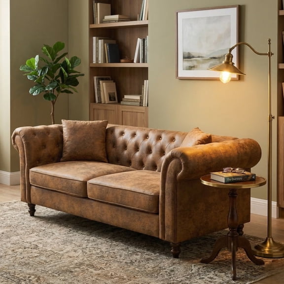 GOMYHOME Faux Leather Tufted Sofa, 83" Traditional Chesterfield Style Couch, Brown