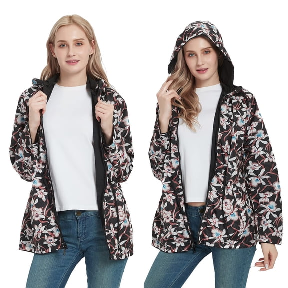 Baberdicy Women's Reversible Printed Raincoat, Lightweight Packable Waterproof Windbreaker , Reversible Printed Raincoat, Lightweight Windbreaker, Packable Jacket Black L