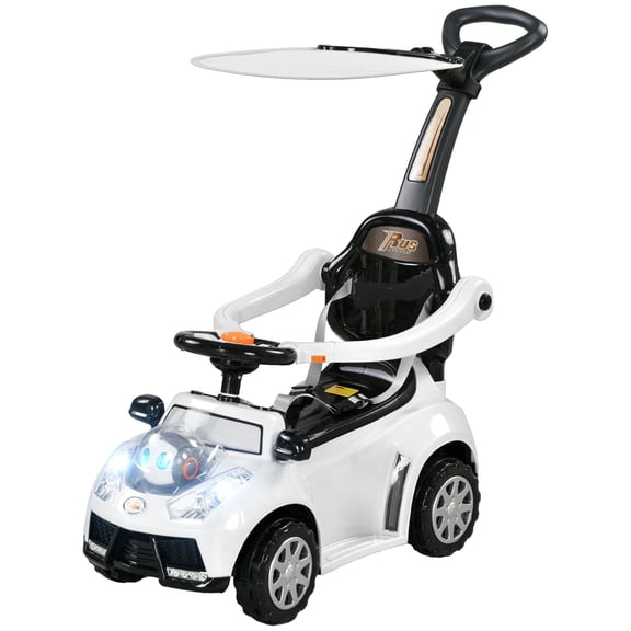 3-in-1 Convertible Toddler Push Car with Music, Horn&Safety Canopy, Removable Handle&Guardrail, White