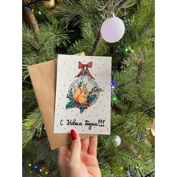 New Year Greetings Card with Squirrel Design – Blank Inside with Envelope – Perfect for Holiday Wishes and Celebrations