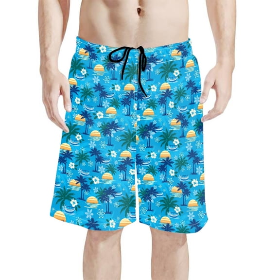 Binienty Men's Board Shorts Swim Trunks With Tropical Sunset Pattern - Breathable for Summer Beach Surfing and Vacations