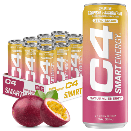 C4 Smart Energy Drink, Tropical Passionfruit Flavor, Zero Sugar, Carbonated, 12 oz can (12 Pack)