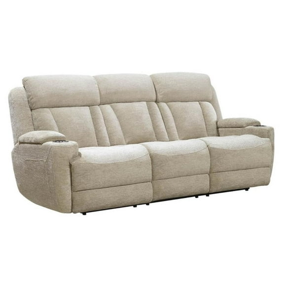 Pemberly Row Contemporary Fabric Power Console Sofa in Fossil Beige