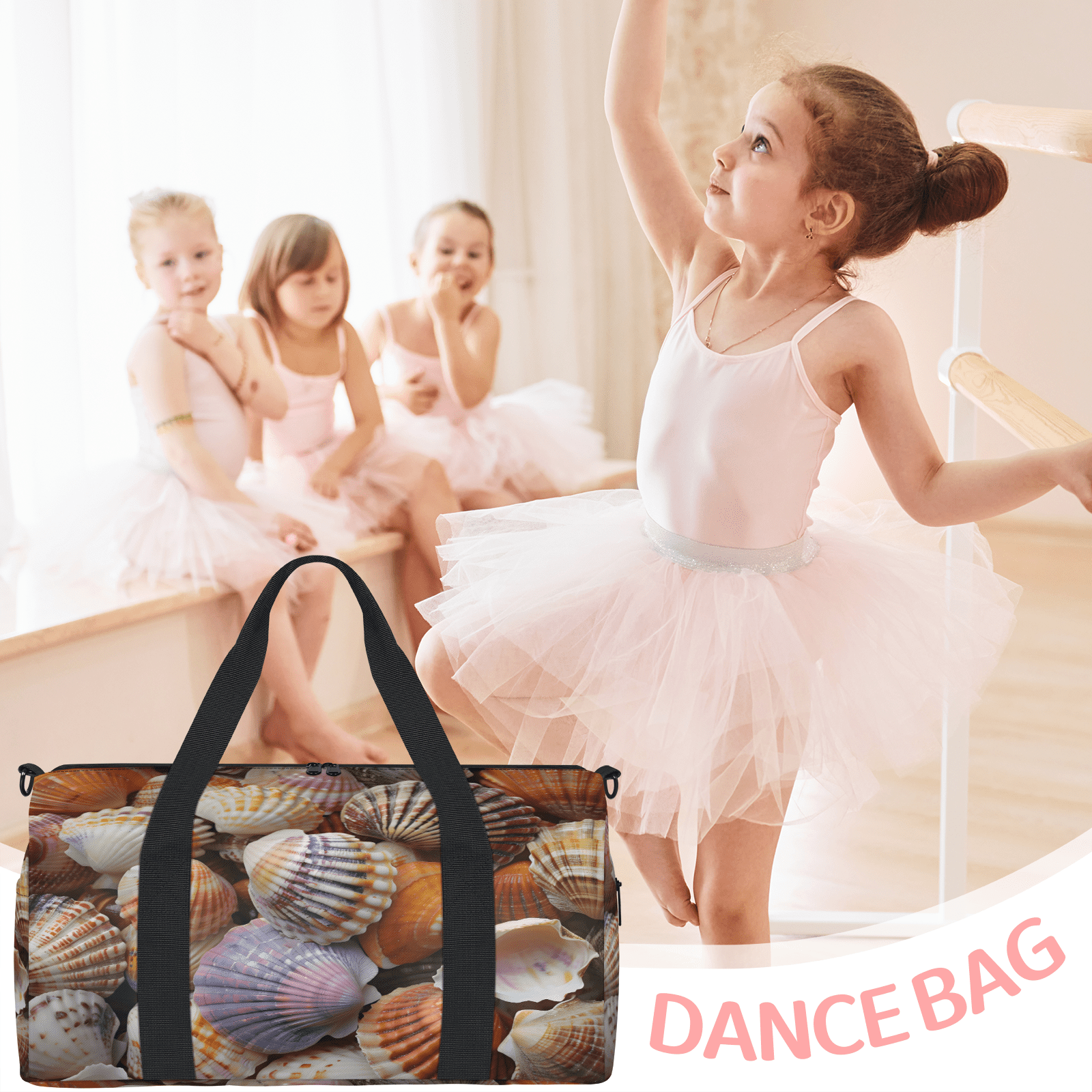 Herdesigns Seashells Beach Themed Gym Bag for Women, Duffle Bag for Travel Sport, Lightweight Waterproof Carry on Weekender Overnight Dance Yoga Workout Bags