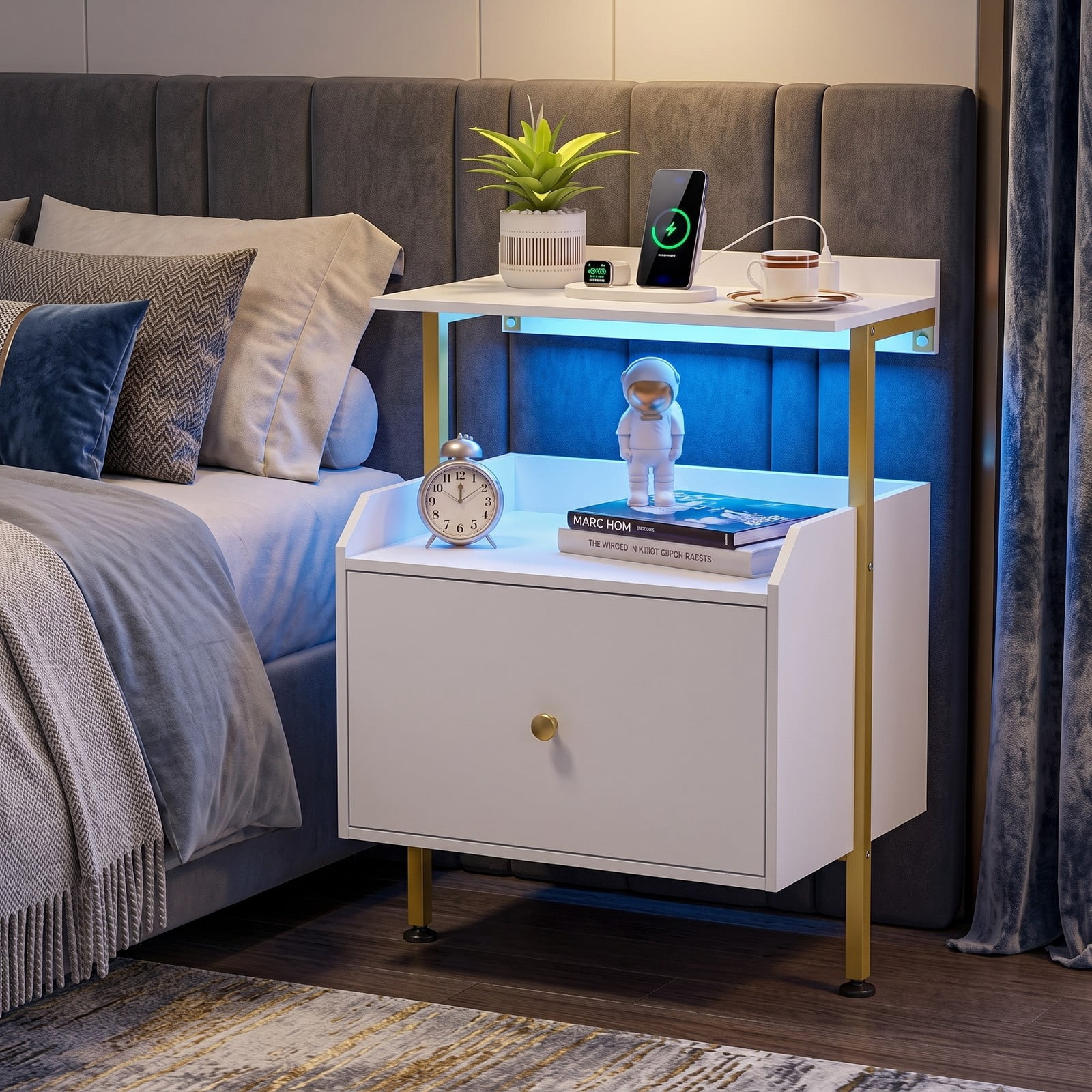 Furnibear Wall-mounted Nightstand with LED Lights and Charging Station, Floating Bedside Table with Open Shelves and Storage Drawer, White