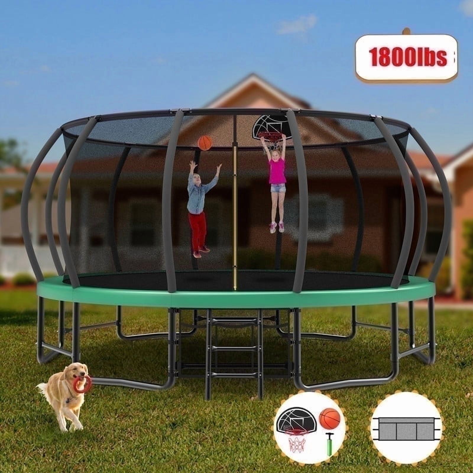 Mersco Safety 16ft Trampoline for 10 Kids Adults Outdoor 1320Lbs Trampoline with Basketball Hoop Enclosure Net Storage Bag Black