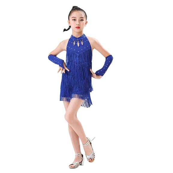 ZHOGXU Toddler Kids Girls Romper Sleeveless Halter Neck Solid Color Fashion Comfortable Training Fringe Jumpsuit For Stage Performance,Blue,3-4 Years
