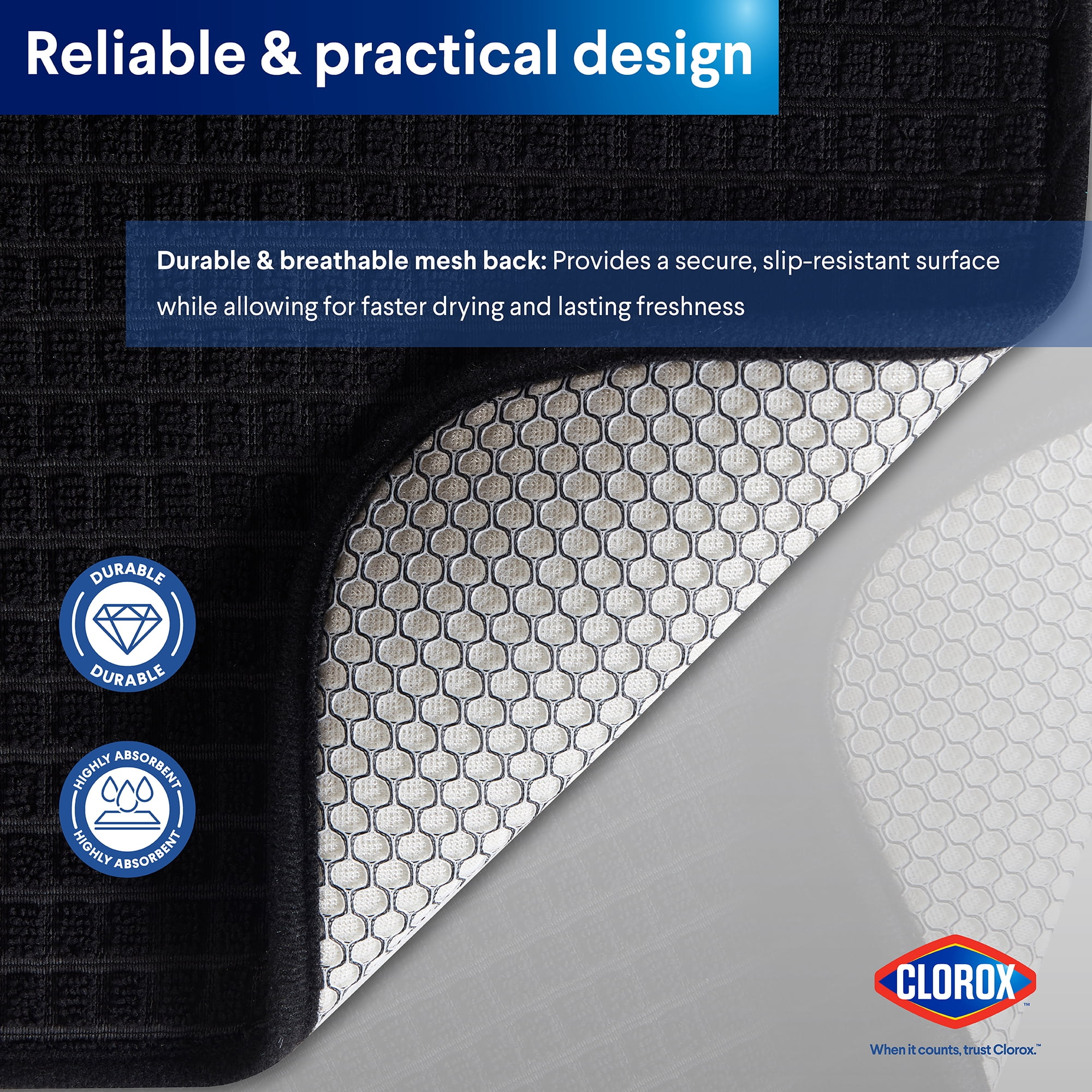 Clorox Dish Drying Mat, Absorbent Microfiber, 50% Recycled for Kitchen, 15" x 20" Black