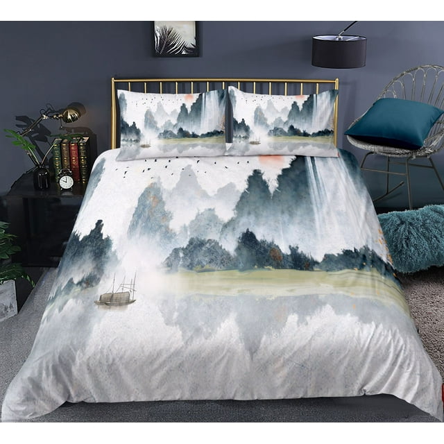 Landscape Painting Bedding Set Scenery Soft Bed Linen Home Decor Single Twin Full Size For Adults Ink And Wash Duvet Cover Set