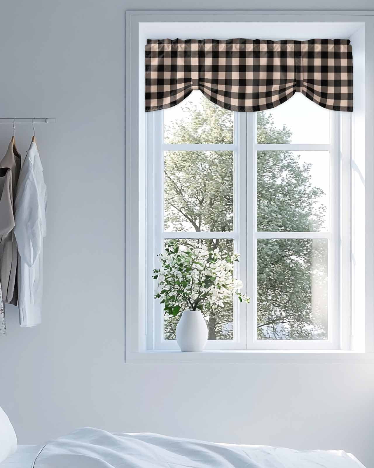 Black Brown Retro Plaid Tie Up Valances Curtain, Pastoral Plaid Vintage Style Kitchen Valances for Windows Decor, Rod Pocket Short Curtains Set for Bedroom/Bathroom, 54"x18"