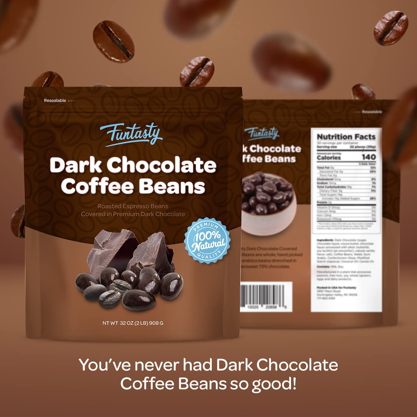 Funtasty Dark Chocolate Covered Espresso Coffee Beans, 2 Pound Bag