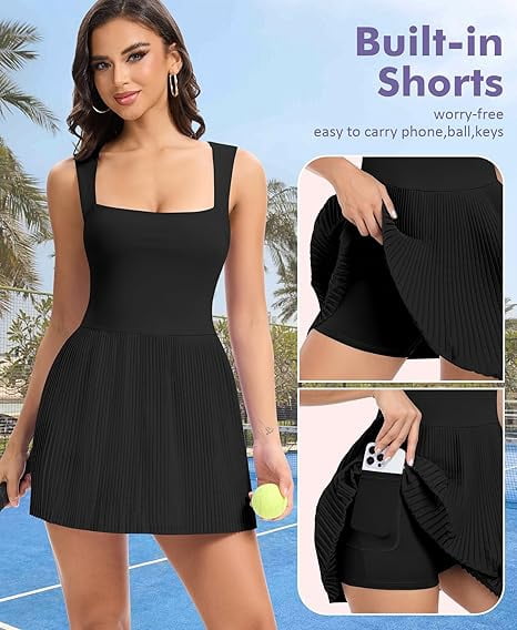 JoyGirl Womens Square Neck Tennis Dress Pleated Sleeveless Golf Dress with Built in Shorts Athletic Dresses with Pockets
