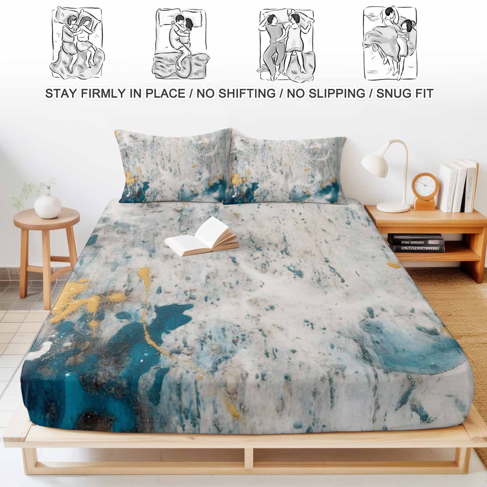 Twin Sze Fitted Sheet Set - Gray Teal 2 Piece Bedding Sets 16" Deep Pocket Fitted Sheet with 1 Pillowcase, Modern Abstract Art Retro Flow Marble Brushed Microfiber Hotel Luxury Bed Sheets
