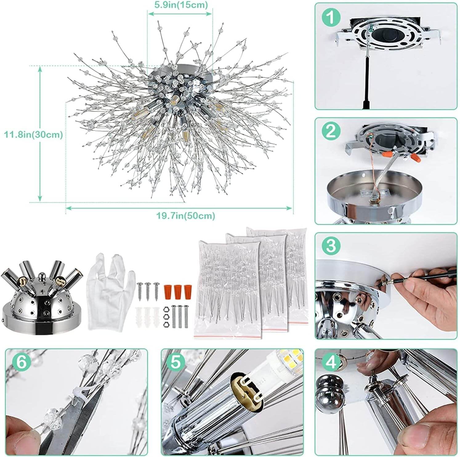 19.5" Crystal Flush Mount Ceiling Light - Modern Sputnik Chandelier with 6 G9 Bulbs (19.5"W x 11.8"H)