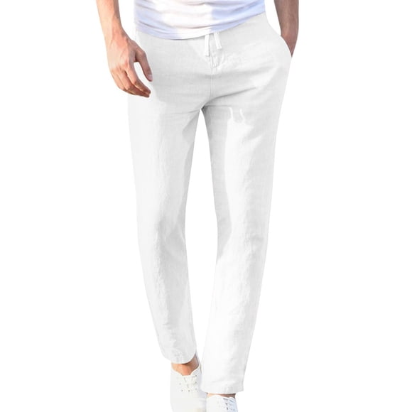 RKSTN Pants for Men Fashion Casual Work Cotton and Linen Long Pants Pure Elastic Waist Solid Color Drawstring Slim Pants