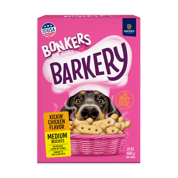BONKERS Barkery Medium Breed Kickin' Chicken Flavored Dry Biscuit Treats for Dogs, 24oz Box