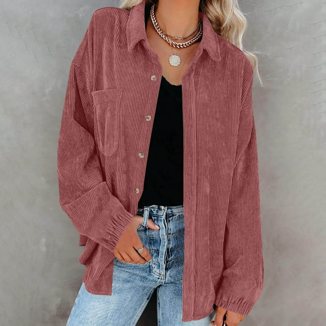 Womens Corduroy Shirt, Long Sleeve Oversized Lapel V Neck Button Blouses Tops Loose Shacket Jacket M