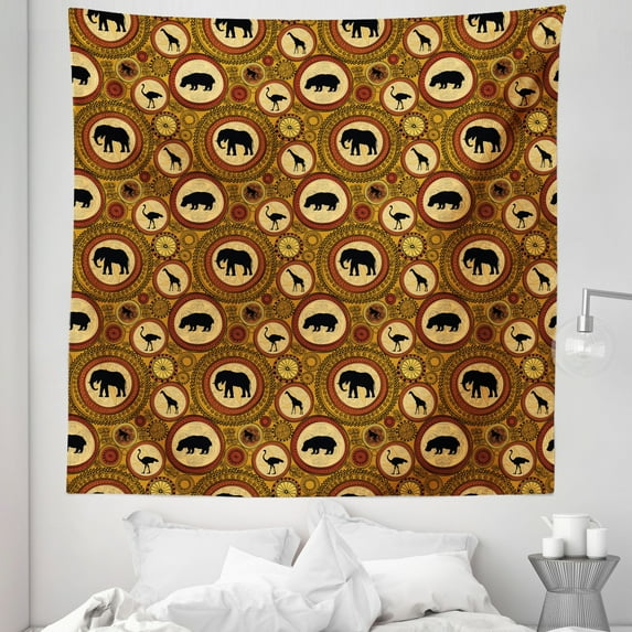 Zambia Tapestry, Animals Camel Giraffe Ostrich Graphic Print in Warm Colors, Fabric Wall Hanging Decor for Bedroom Living Room Dorm, 5 Sizes, Cinnamon Ginger and Black, by Ambesonne