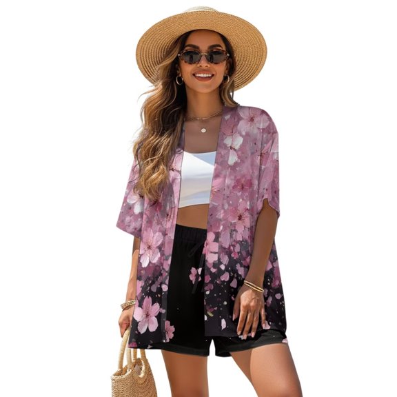 FKEKYI Pink Cherry Flower Print Womens 2 Pcs Short Set Open Front Shirt Top Summer Outfits Shorts with Elastic Waist Beachwear Breathable Lounge Set Resort Wear, L