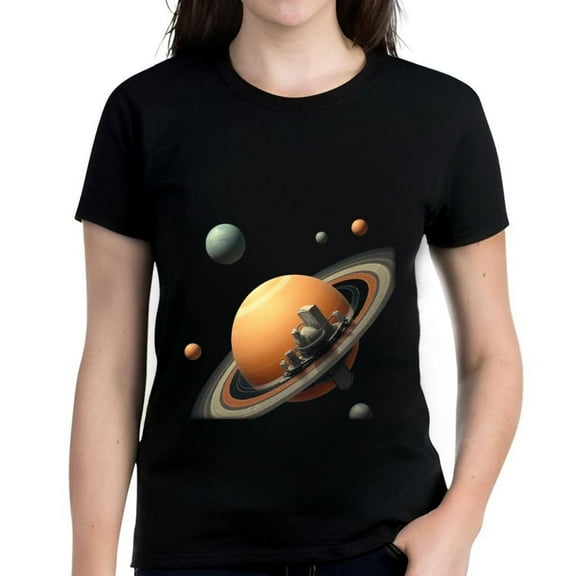 Stylized Space Scene Cotton Short Sleeve T-Shirt for Women - with Rings & Colorful Planets Design