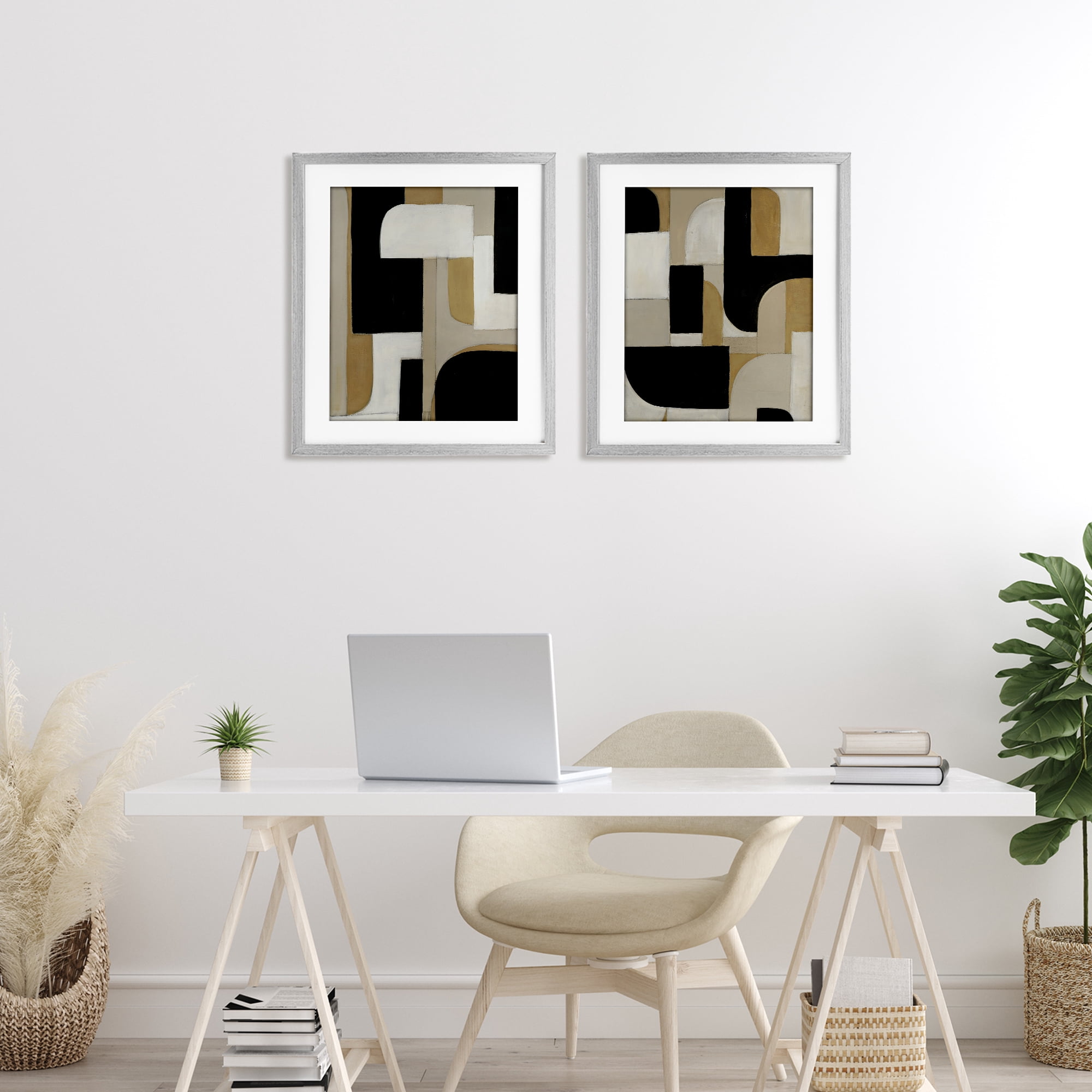 Stupell Industries Neutrals & Black Geometrics 2 Piece Gray Framed Print Under Glass Set, design by Kippi Leonard