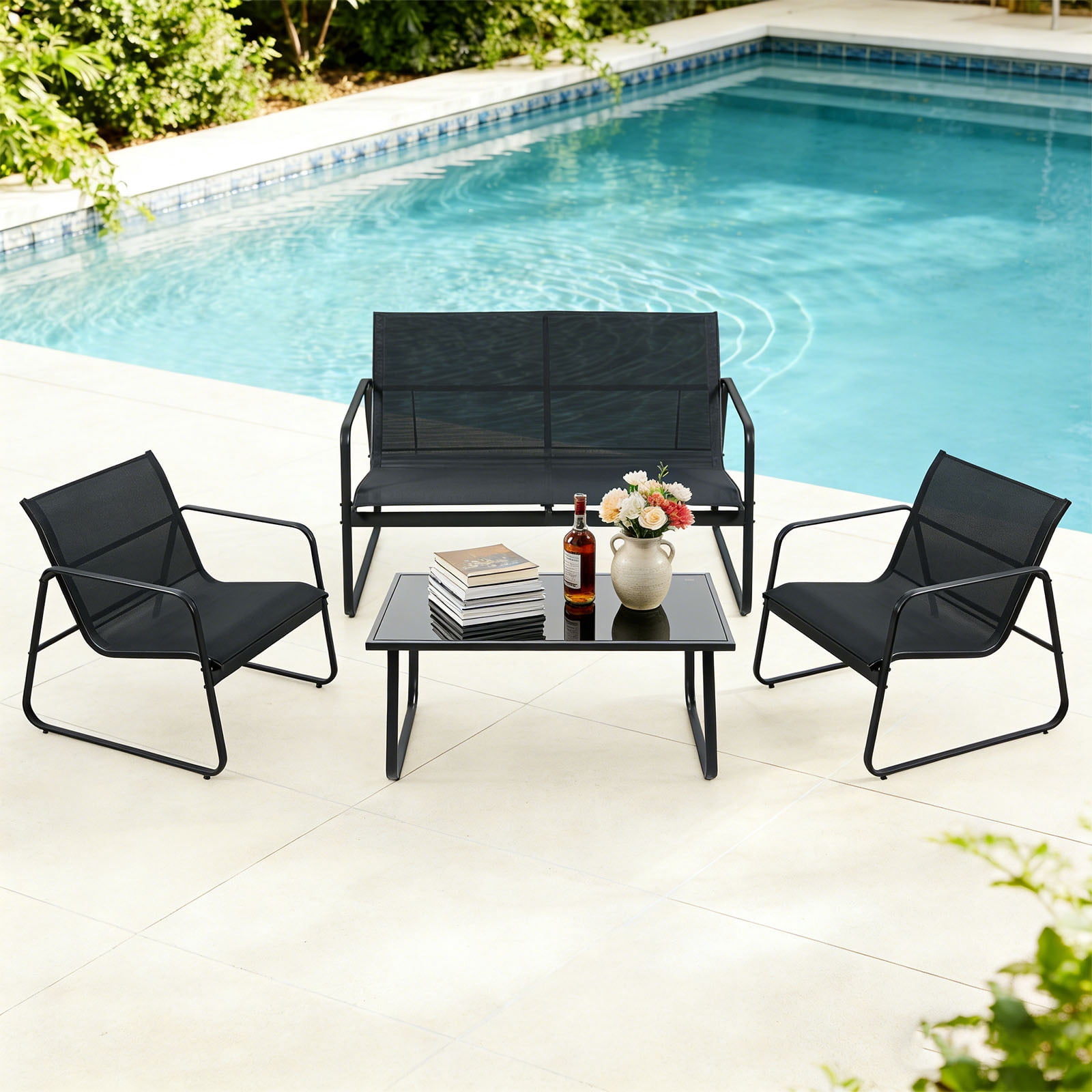 Casabay 4-Piece Outdoor Courtyard Furniture Set with Patio Chairs & Coffee Table, All Weather Outdoor Seating Breathable Fabric for Yard, Pool, Lawn, Black