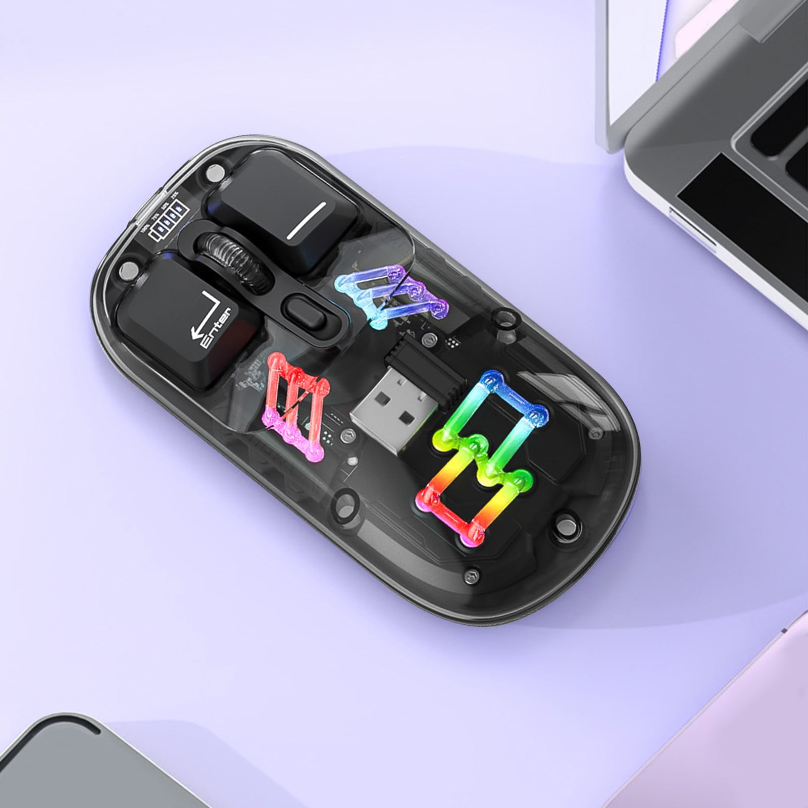 SPOORYYO Transparent Wireless Mouse with Dual 2.4G/Bluetooth 5.0 Connection, RGB Backlight, and Type-C Rechargeable - High-Capacity Battery and Precision Sensor for Office and Gaming