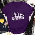 thumbnail image 2 of Hinvhai He Is My Treat Skull Hand Direction Halloween Drop Sleeve Vintage Print Loose Short Sleeve Men's and Women's Top Purple 6 (M), 2 of 5