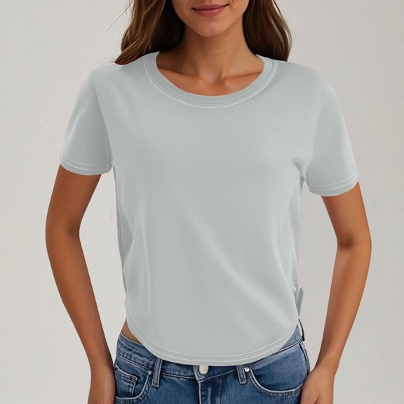 ATENAR T Shirts for Women Solid Shirts Crew Neck Short Sleeve Tops Gray M