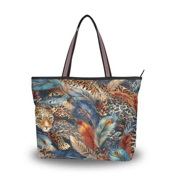 Women's Tote Handbag Cloth Handbag Large Tote Bag Shopping Bag Feathers and Leopard Print