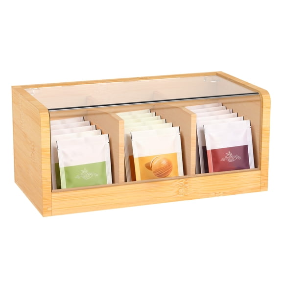 Threns Bamboo Tea Box,Natural Bamboo Tea Storage Organizer,Tea Bag Holder with Clear Lid for Home Office Pantry,8.66" x 4.33" x 3.94"