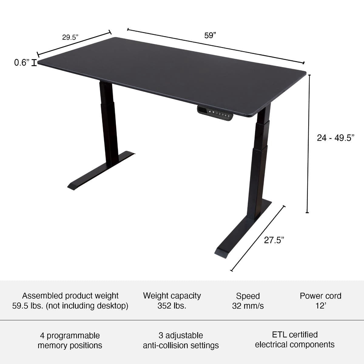Stand Up Desk Store Dual Motor Electric Adjustable Height Standing Desk with EZ Assemble Steel Frame (Black Frame/Matte Black Top, 60" Wide)