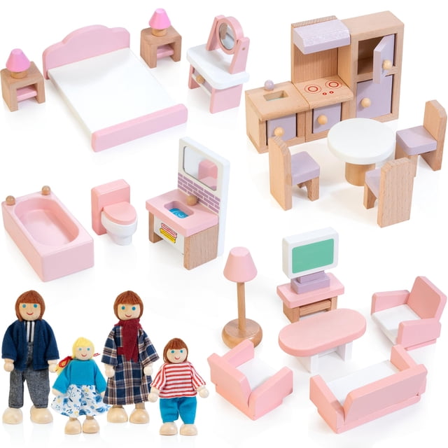 Juego de muebles para casa de muñecas Kizfarm de madera con 4 muñecas familiares, 26 piezas