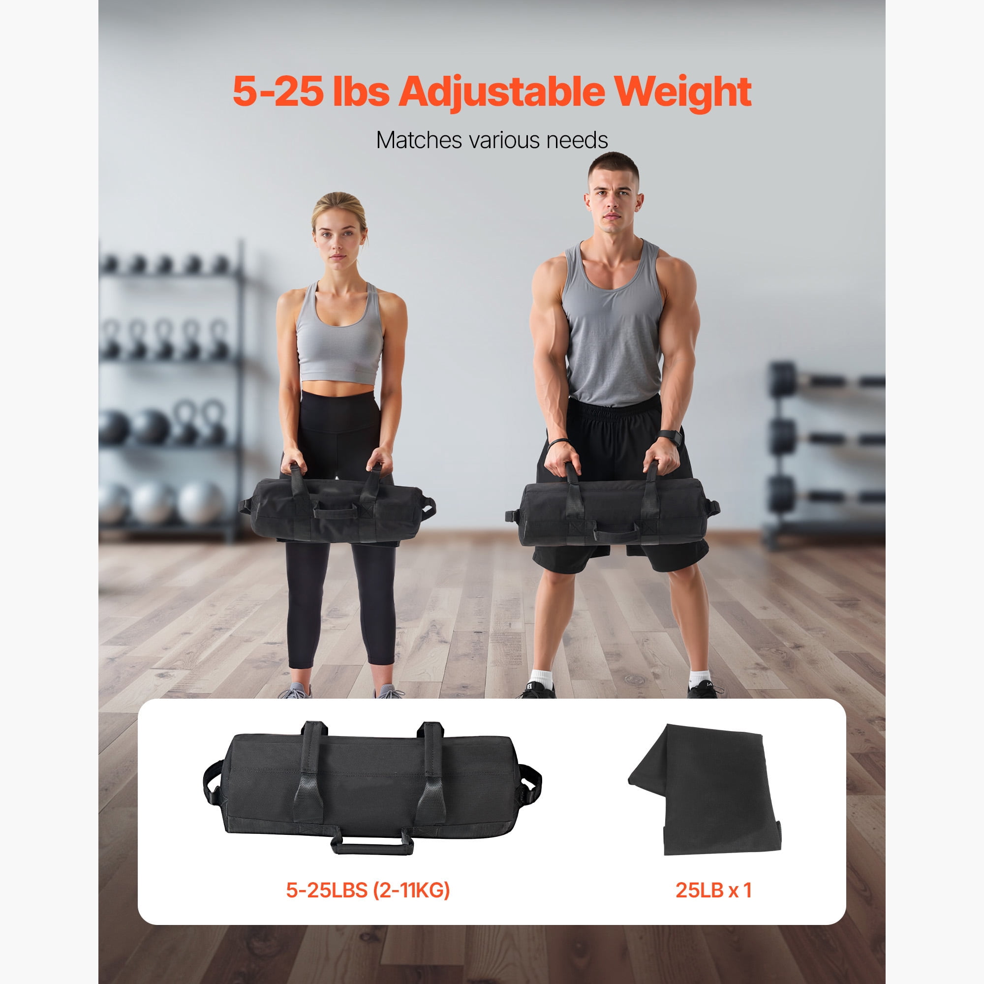 KFFKFF Adjustable Workout Sandbag with Handles, 5-25 lbs Heavy Duty Power Bag for Strength Training, Cross-Training, Home Gym Fitness, Black (Unfilled)
