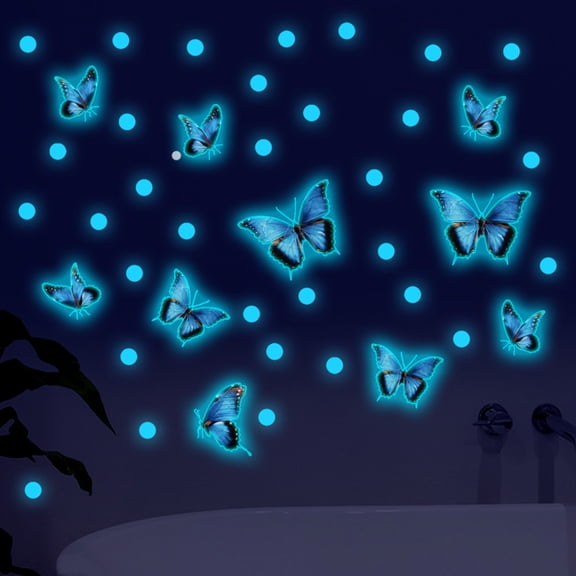 Wall Decals Blue Glow in the Dark Butterfly Luminous Stickers with 32 Pcs Dots Decals DIY Decor for Kids Bedroom Living Room Decor