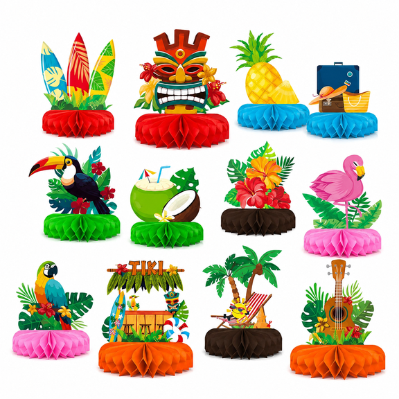 12Pcs Tropical Aloha Honeycomb Centerpieces, 5"×8" Luau Table Decor with Sturdy Base, Hawaiian Themed Honeycomb Toppers for Beach Weddings Summer Gatherings Aloha Birthdays & Tropical Holiday