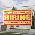 thumbnail image 2 of Now Hiring Work with us! Open Interviews 13 oz Heavy Duty Vinyl Banner Indoor/Outdoor Help Wanted Sign for Business Storefront Advertising Single-Sided with Metal Grommets (8x4 Ft, Yellow & Red), 2 of 6