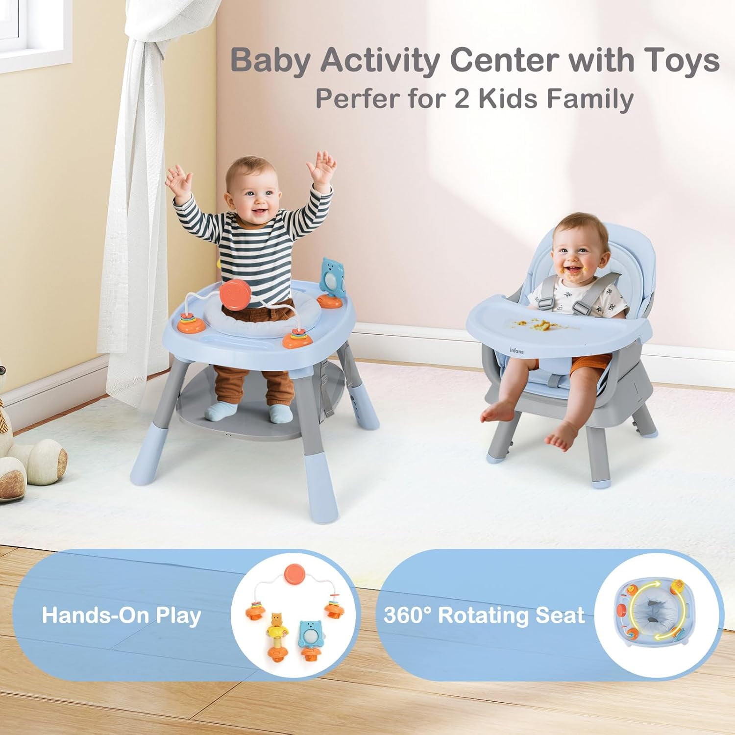 INFANS 9 in 1 High Chair, Convertible Baby Highchair for Babies and Toddlers, Table and Chair Set Building Block Infant Dining Booster Seat, Kids Stool with Activity Children Play Kitchen
