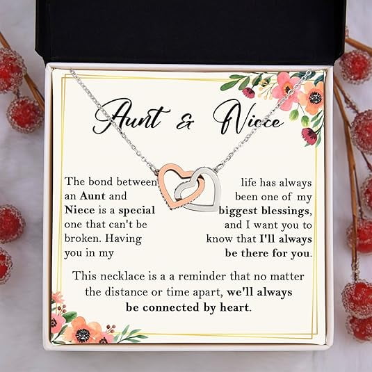 Birthday Gifts For Aunt, To My Niece Necklace From Aunt, Interlocking Heart Necklace for Niece from Auntie, Necklace Gift For Aunt From Niece with Message Card and Gift Box