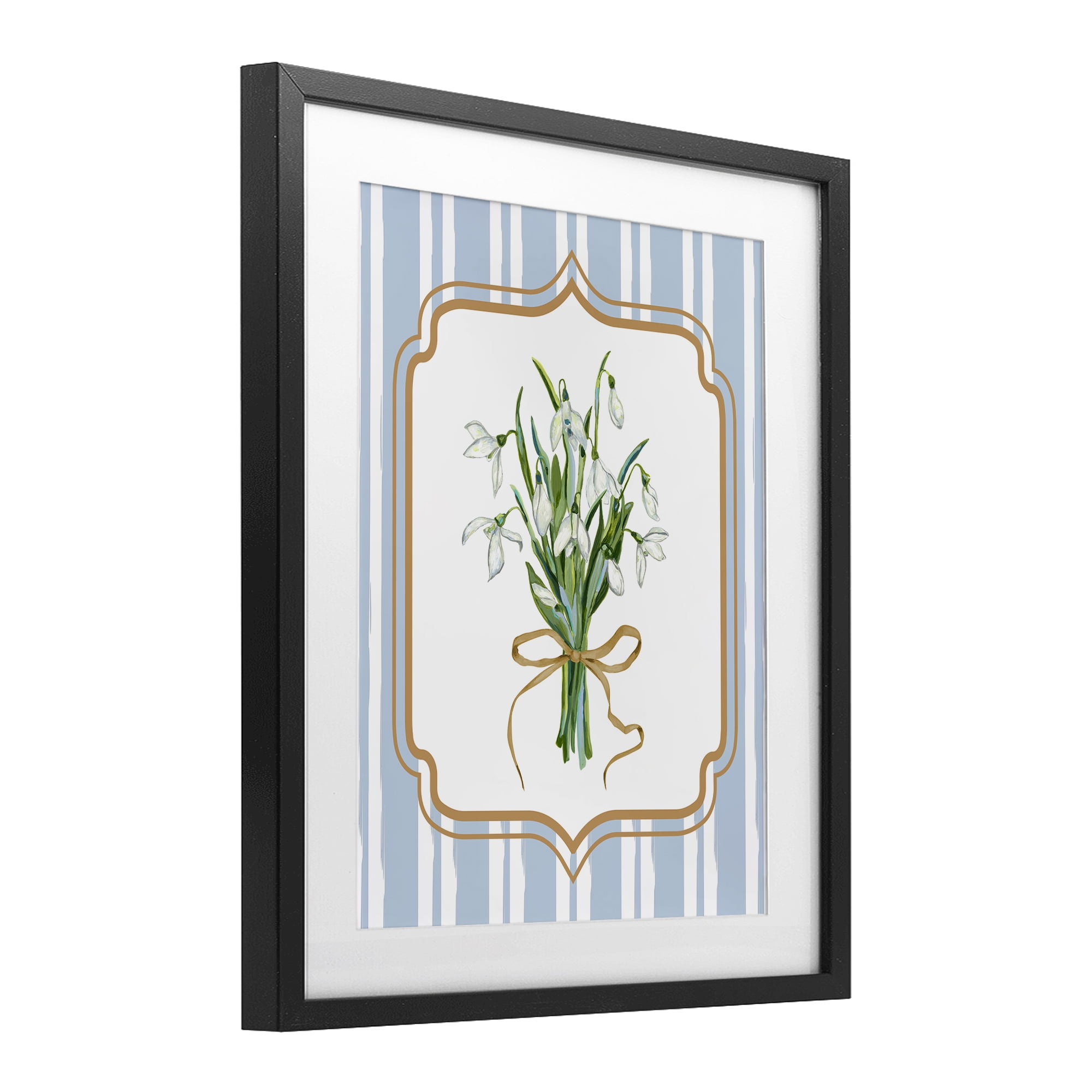 White Flower Bundle on Stripes Black Framed Print Under Glass, design by Adonna Ebrahimi