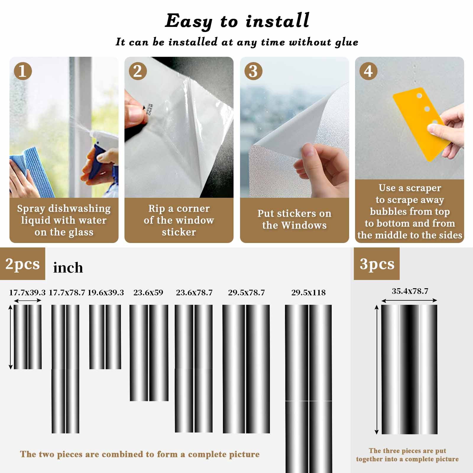 Black White Window Privacy Film, Gradient Gray Monochrome Minimalist Stripe Static Cling UV Sun Blocking Tint Film Heat Control Windows Films for Bedroom Bathroom, Window Stickers 35.4"x78.7"