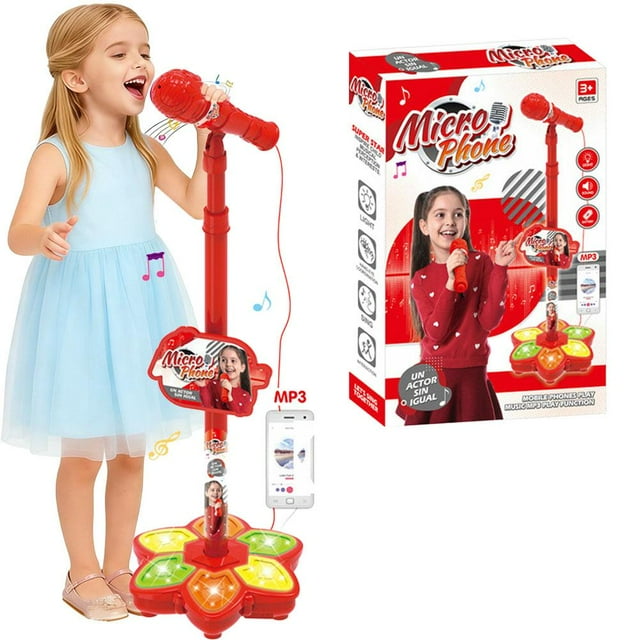 Star Microphone with Stand, 2026 New Karaoke Machine Toy, Adjustable Height LED Microphone with Toy Lights