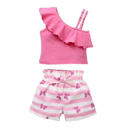 

12 Months Baby Girls Clothes 18 Months Girls 2PCS Summer Clothing Set One-shoulder Design Toddler Girls Sleeveless Top Shorts Set Pink