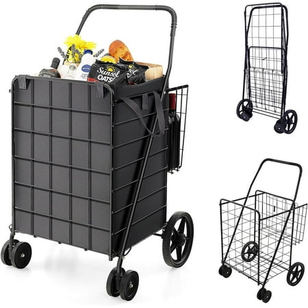 HJTER Folding Shopping Cart for Groceries, Upgraded Jumbo Grocery Cart with Waterproof Liner, 32 Gallon Capacity, 360° Rolling Swivel Wheels and Double Basket, Heavy Duty Foldable Utility Cart