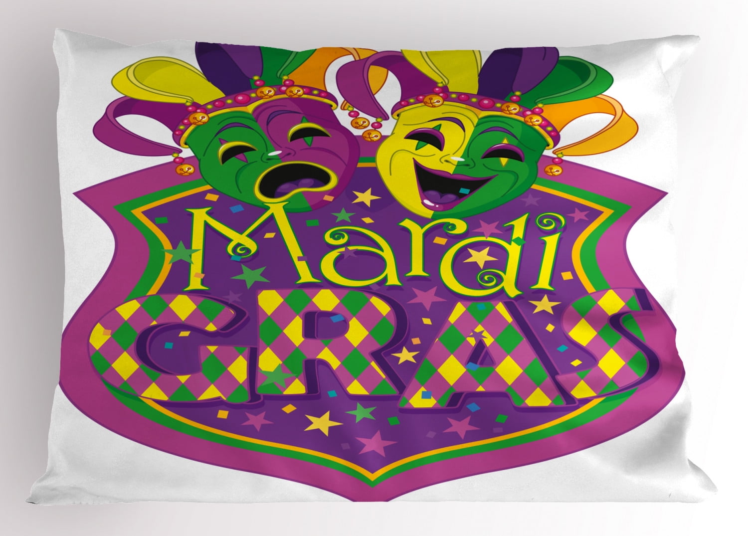 Mardi Gras Pillow Sham Comedy and Tragedy Masks with Festive Mardi Gras