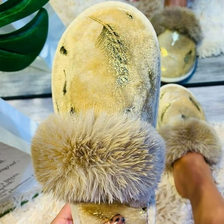 

〖Yilirongyumm〗 Khaki 37 Slippers For Women Fashion Baotou Women s Casual Slippers Hairy Flat Printing Bronzing Women s Slipper