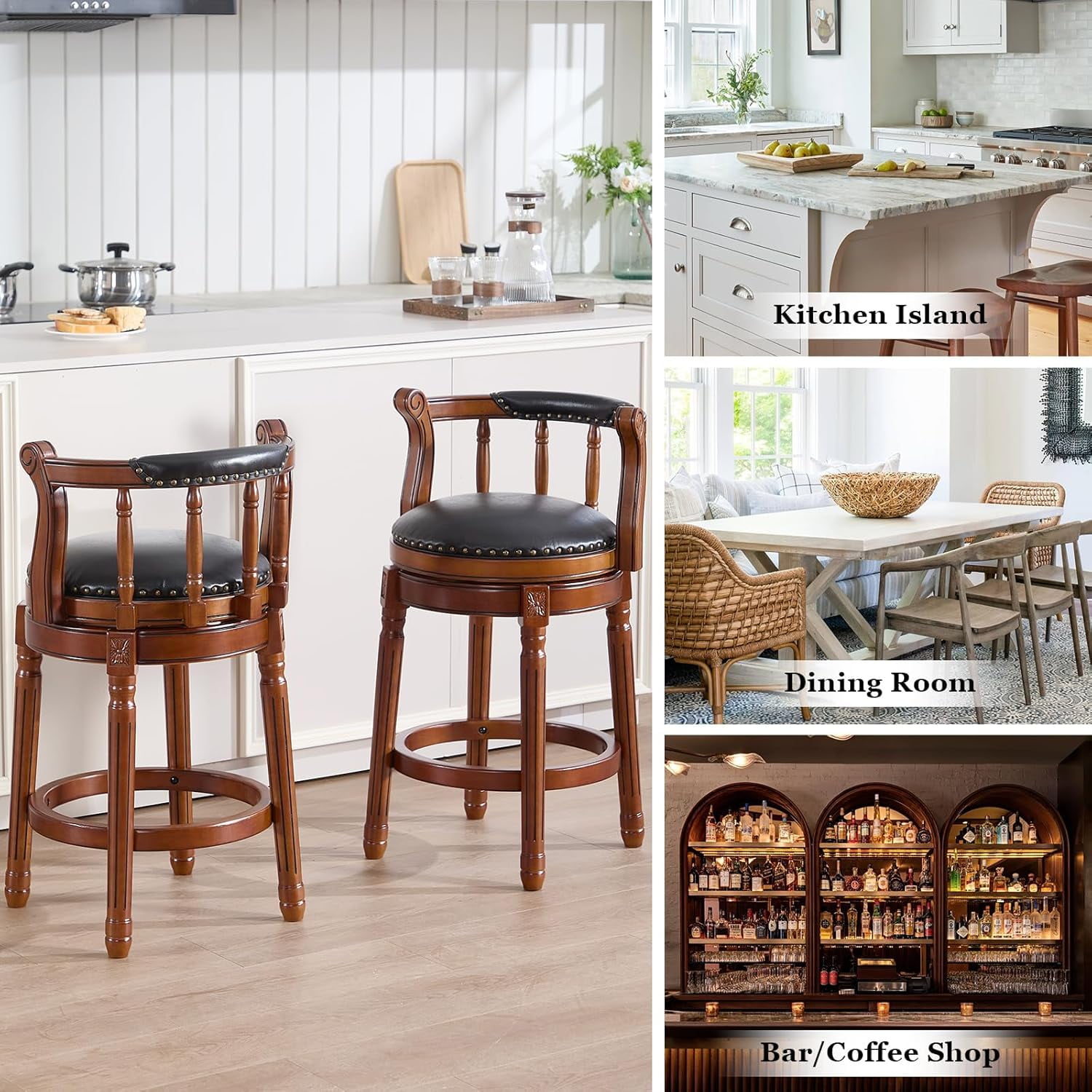 Aulife Bar Stools Genuine Leather Counter Height barstool Wooden Swivel kitchen Stool with Footrest for Kitchen Dining Room