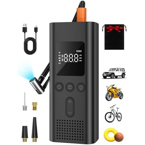 Tire Inflator Portable Air Compressor, 150 PSI Fast Inflation Cordless Air Pump with LED Light, Auto Shut-Off, Rechargeable Battery for Car, Motorcycle, Bike, and Sports Balls